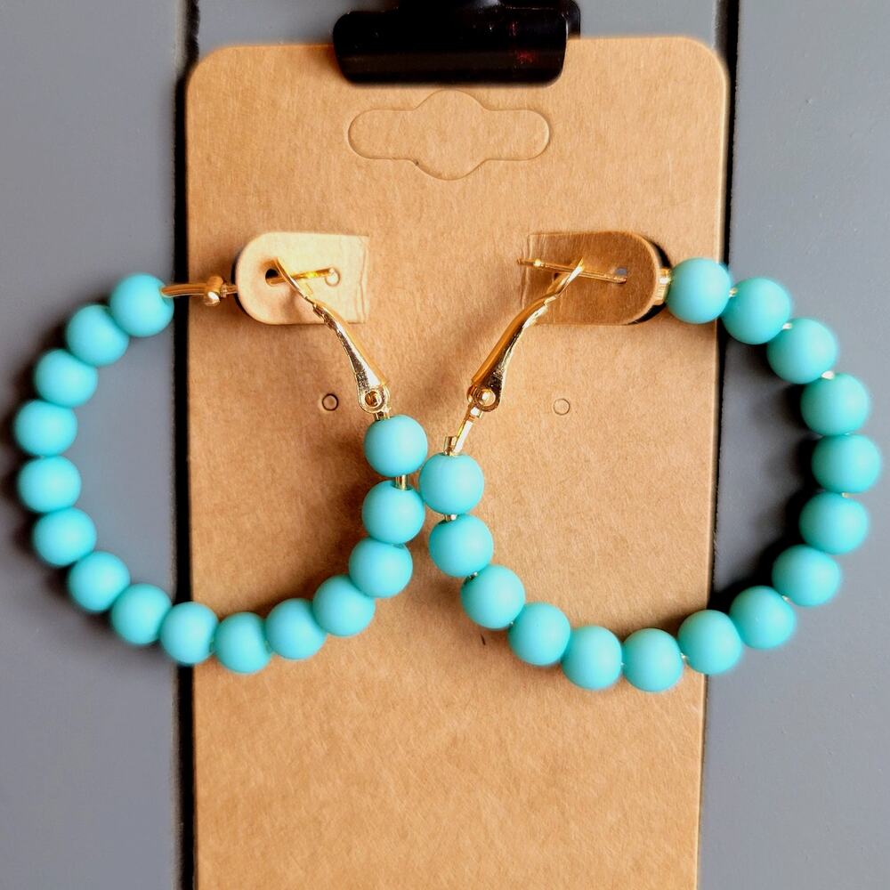 Turquoise Beaded Hoop Earrings Gold Tone Latch Back 1.5" NWT Boho Statement
